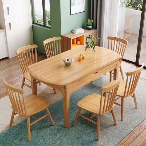 Solid wood dining table, logs, home Chinese round dining table and chairs, modern minimalist restaurant multi-functional retractable large round table