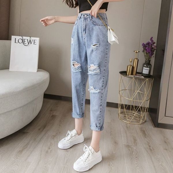 New jeans female Harajuku style loose daddy pants summer thin section high waist hole harem straight pants