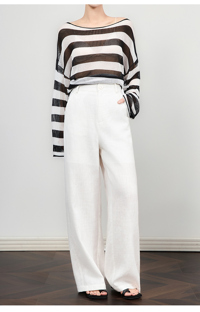 Quần âu ống rộng phong cách tiền cũ vải Tencel linen trắng mùa hè — Màu trắng chi tiết 11
