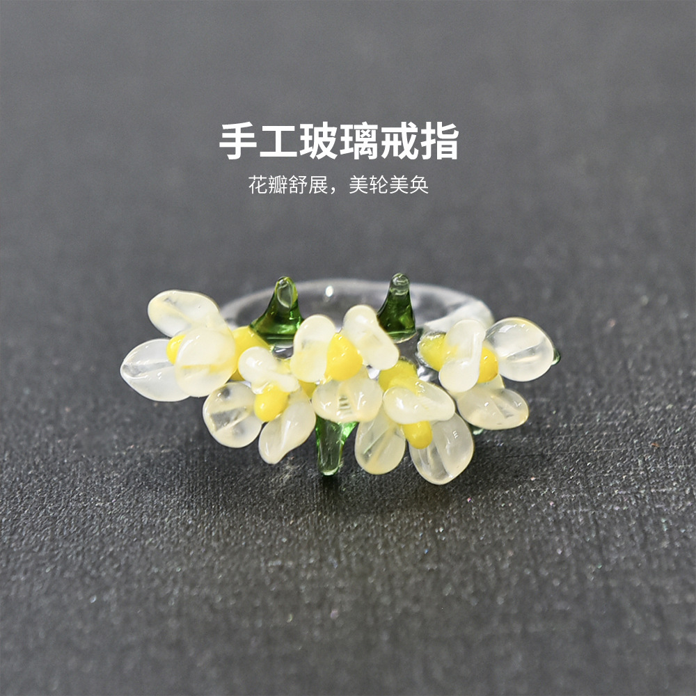 Transfronterizo anillo de vidrio Mori pequeño anillo de flores blancas frescas estilo nacional de moda anillo de flores de pera joyas