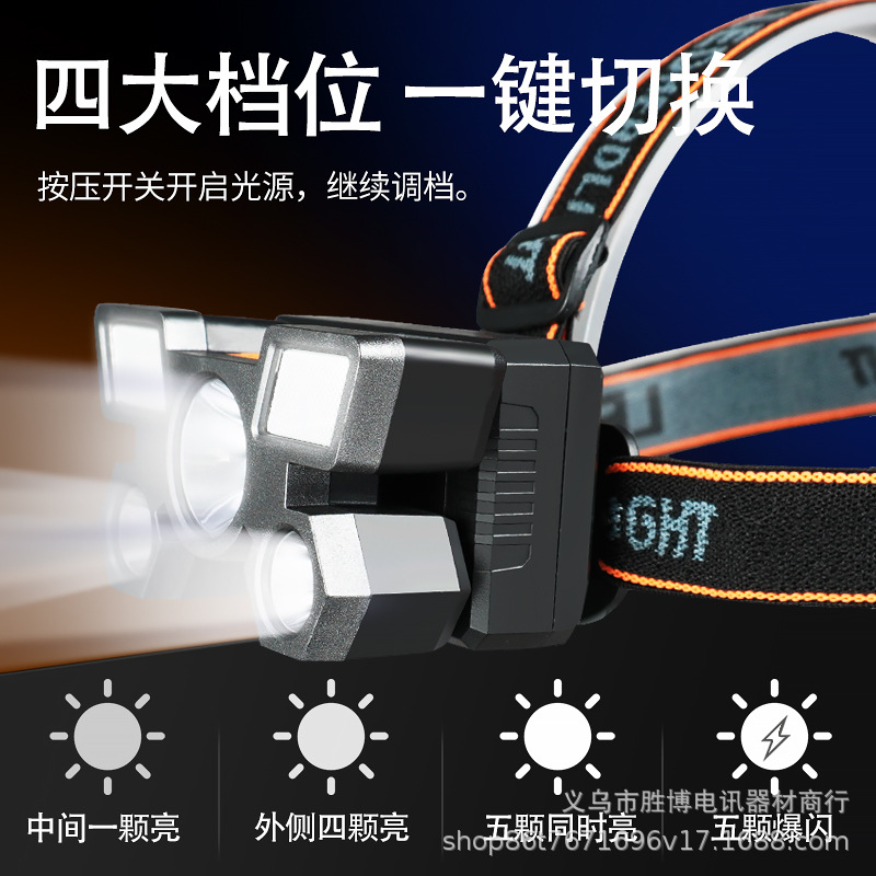 Linterna de múltiples funciones al aire libre transfronteriza LED de luz fuerte de carga USB multifunción Impermeable camping pesca nocturna linterna montada en la cabeza