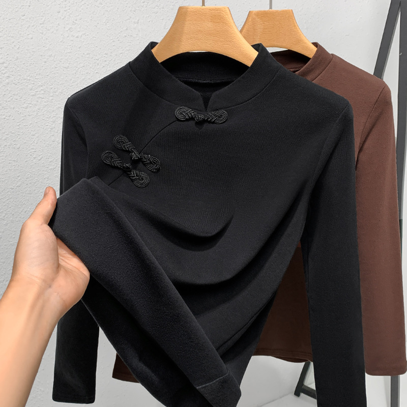 Collar de pie camisa de fondo para mujeres 2023 nueva ropa de mujer estilo occidental hebilla manga larga Camiseta cintura apretada desgaste interior nuevo estilo chino top image 3