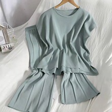 夏季新款色无袖背心针织衫阔腿九分长裤套装薄款冰丝两件套女潮