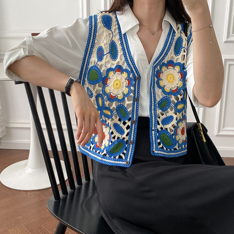 Summer New Hollow Sleeveless V-neck Embroidered Vest Top Women's Waistcoat All-match Vest