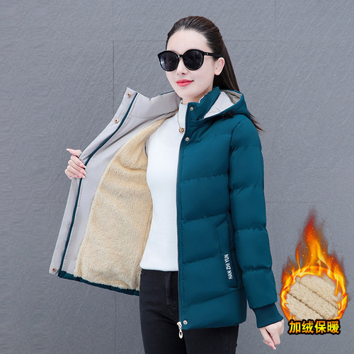 Middle-aged and old moms, cashmere hooded down cotton coat for women in winter, fluffy, thick, warm and loose cotton coat coat