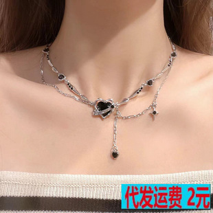 Vintage Black Love Heart Chain Stitching Necklace Female Niche Design Sweet Cool Exaggerated Collarbone Chain Personality Tide