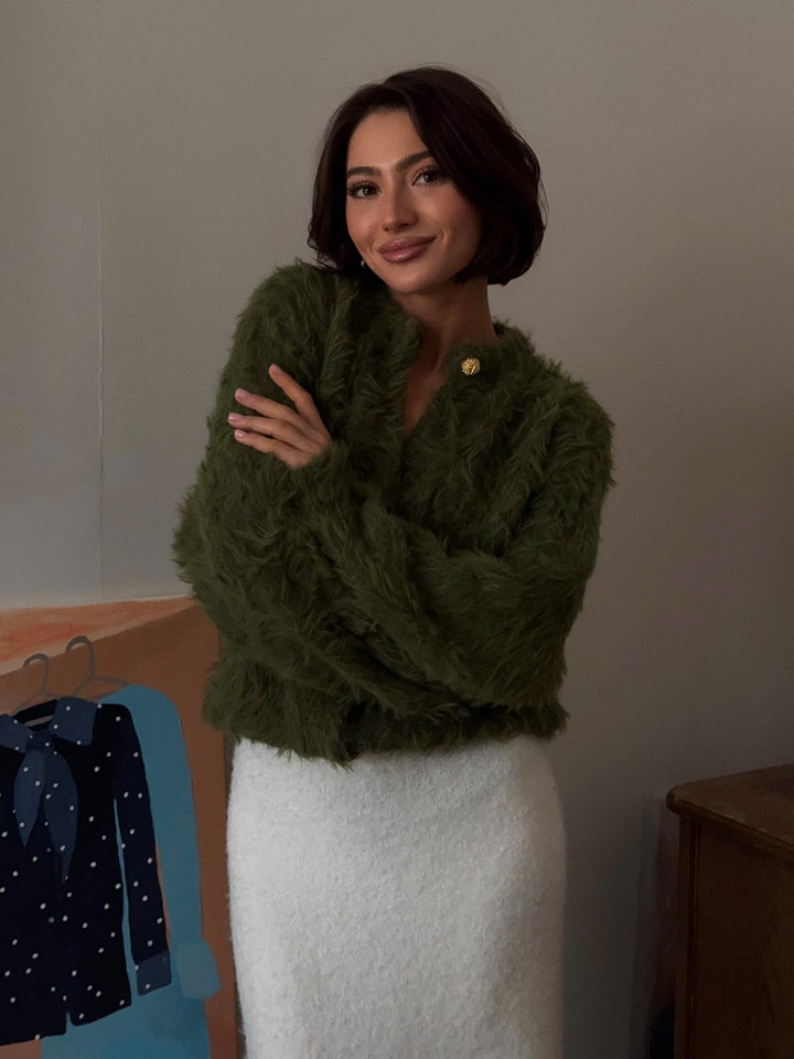 Áo cardigan len dệt kim dáng suông cổ tròn tay dài cài nút phong cách Hàn Quốc — Màu nâu, Xanh quân đội, màu hồng, Đỏ (Còn hàng) chi tiết 44