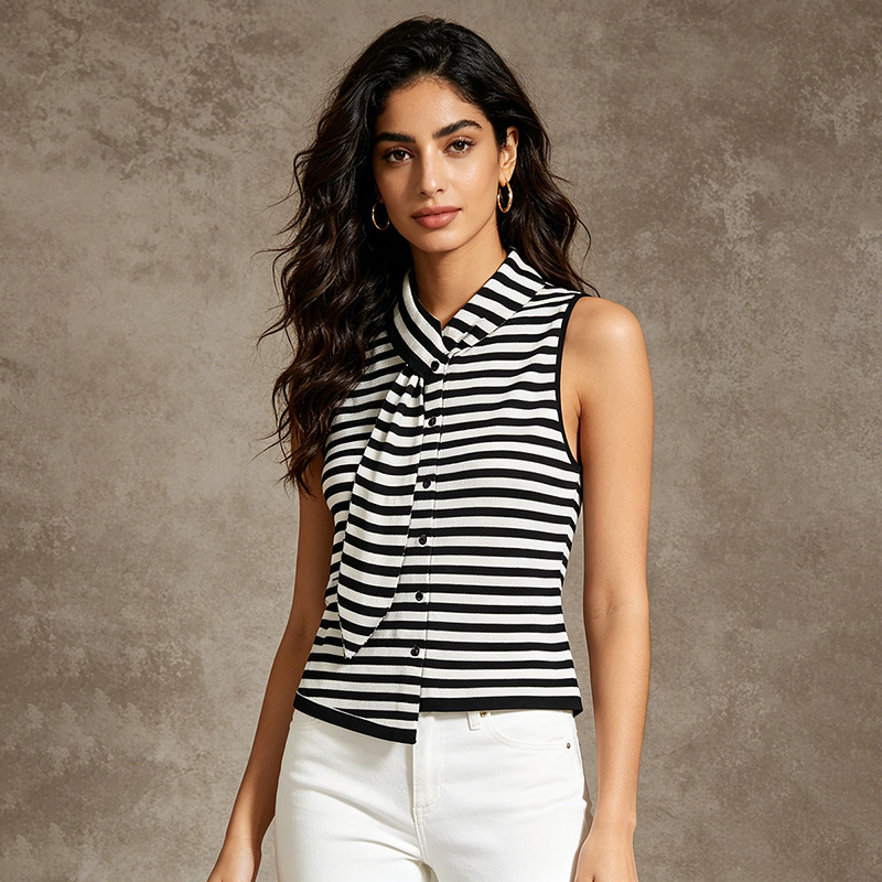 Black and White Striped Tie-Neck Knit Top Vest 2026 Summer New Style Women's Sleeveless Slimming Elegant Commuter Wear