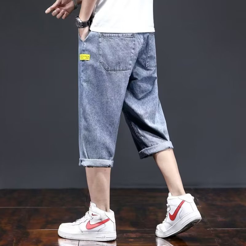 Nueva tendencia de mezclilla de verano para hombres, pantalones cortos de talla grande y rectos sueltos, marca de moda para hombres, pantalones medios de 7 puntos, estilo fino de verano