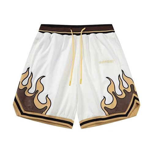 American-style basketball shorts with flame-inspired collaboration—men's knee-length, high-street fitness & casual wear, featuring a breathable, trendy design.