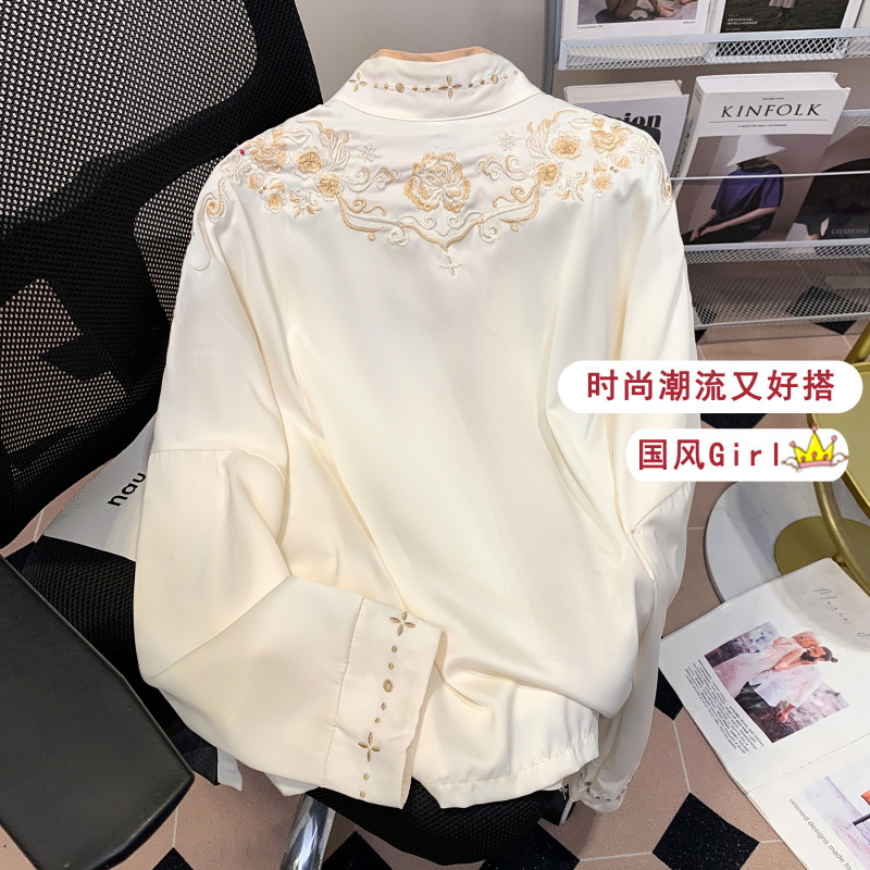热销 上衣v领重工刺绣飞机袖衬衫新中式国风衬衣