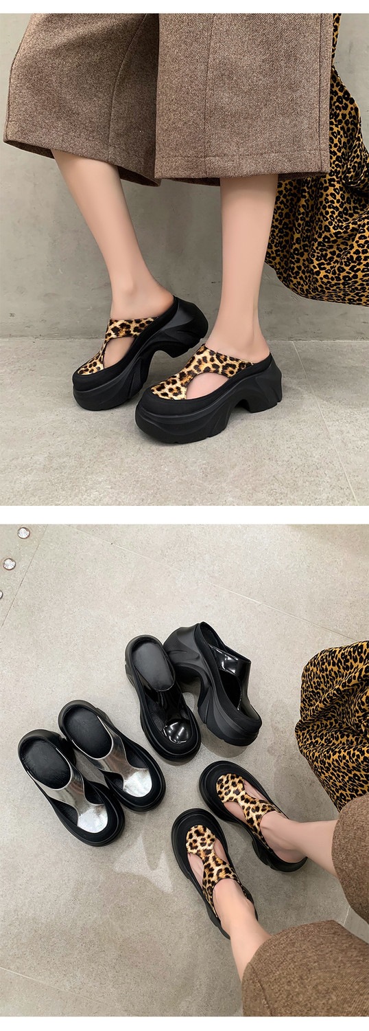 Dép sandal nữ da thật họa tiết da báo đế xuồng cao gót 9 cm — Trang chủ, màu đen, bạc chi tiết 42
