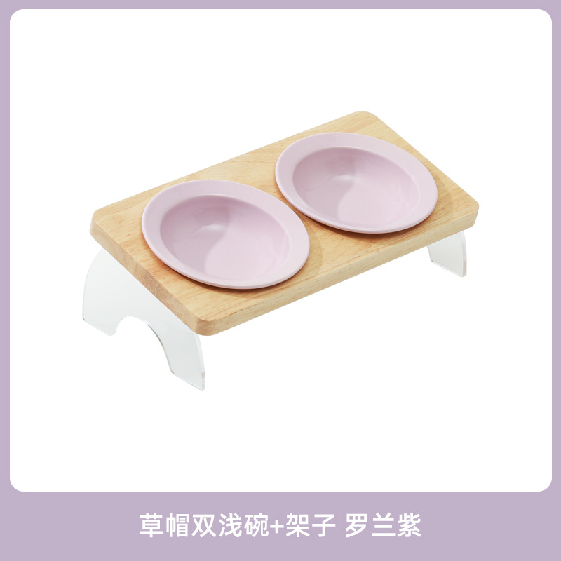 Tazón de cerámica para gatos Corea del Sur Tazón para mascotas antidetonantes gato perro tazón de comida soporte cervical tazón de agua doble tazón boca oblicua estante de madera maciza