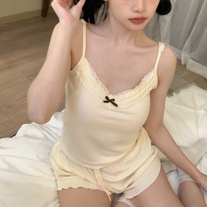 Pajamas with Breast Pads for Women, Summer Bow-Knot Modal V-Neck Suspender Shorts, Split-Style Home Wear Set That Can Be Worn Outside Pajamas with Breast Pads for Women, Summer Bow-Knot Modal V-Neck Suspender Shorts, Split-Style Home Wear Set That Can Be Worn Outside