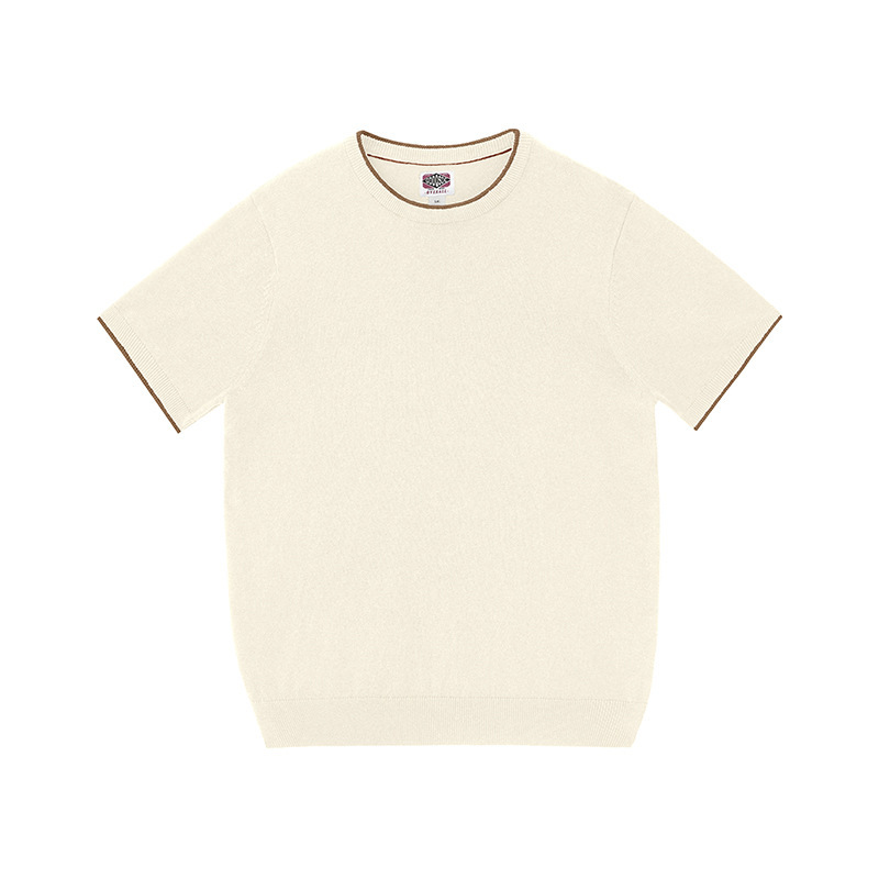 High-grade Cashmere Sweater Men's Thin Summer Round Neck Contrast Color Round Neck Short Sleeve Simple Luxury Old Money Style Men's All-match T-shirt