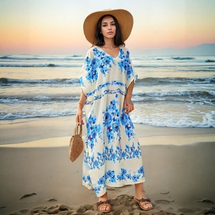 Cross-Border Yunsheng Beach Skirt Summer European and American Beach Cover-Up Fashion Sun Protection Clothing Digital Printing V Neck Short-Sleeved Long Skirt for Women