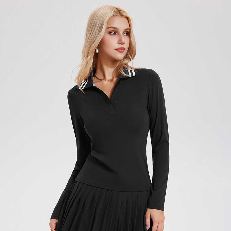 V-collar chaqueta de tenis de mangas largas camiseta de polo deportiva con solapa camiseta de negocios de golf casual chaqueta de ejercicio de secado rápido