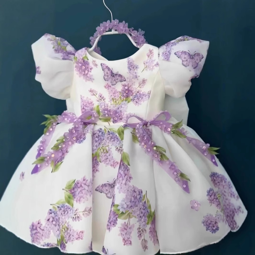 Summer New Foreign Trade Girls' Fashionable Puff Sleeve Spinning Skirt Princess Skirt Kidsren's Korean Style Flower Dress Dress