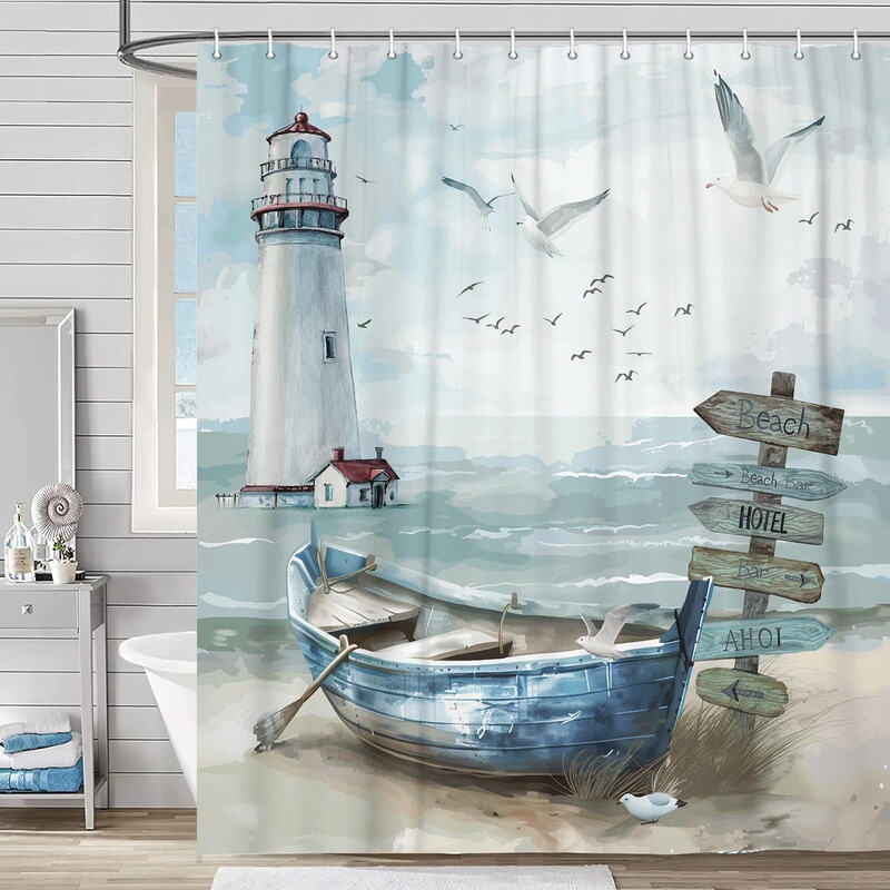 Shower Curtain Bathroom Curtain Cross-Border Seaside Sailboat Blue-Green Tone Polyester Thickened Shower Curtain Digital Printing