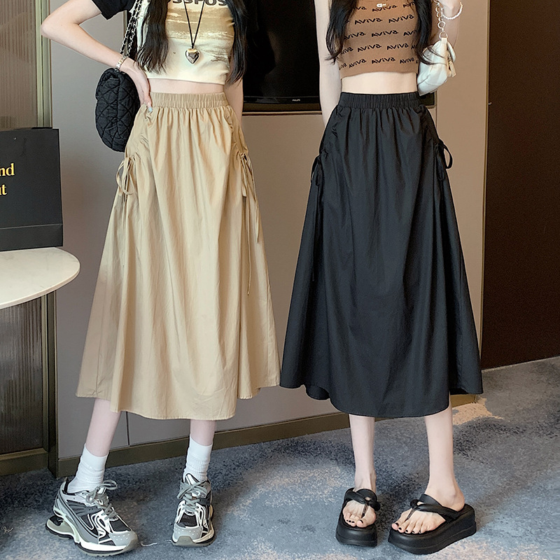 Solid Color Women's Spring New Elastic Waist Drawstring Pocket A-Line Skirt for Petite Sizes Wholesale