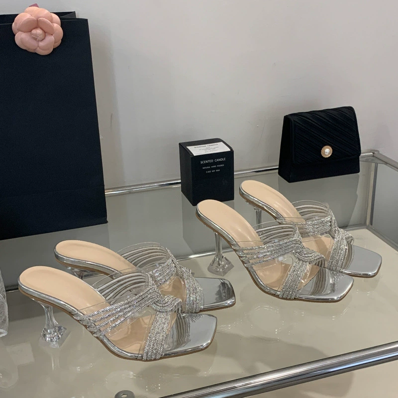 Прозрачные кристальные босоножки на толстом каблуке из ПВХ, лето 2024, новинка интернет-знаменитостей, свадебные туфли с квадратным носком, женские туфли на высоком каблуке с перекрестными стразами