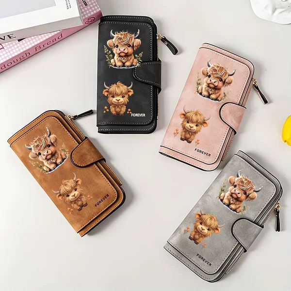 Cute Scottish Highland Cow Print Long Wallet Vintage Matte PU Multi-Card Slot Clutch Bag
