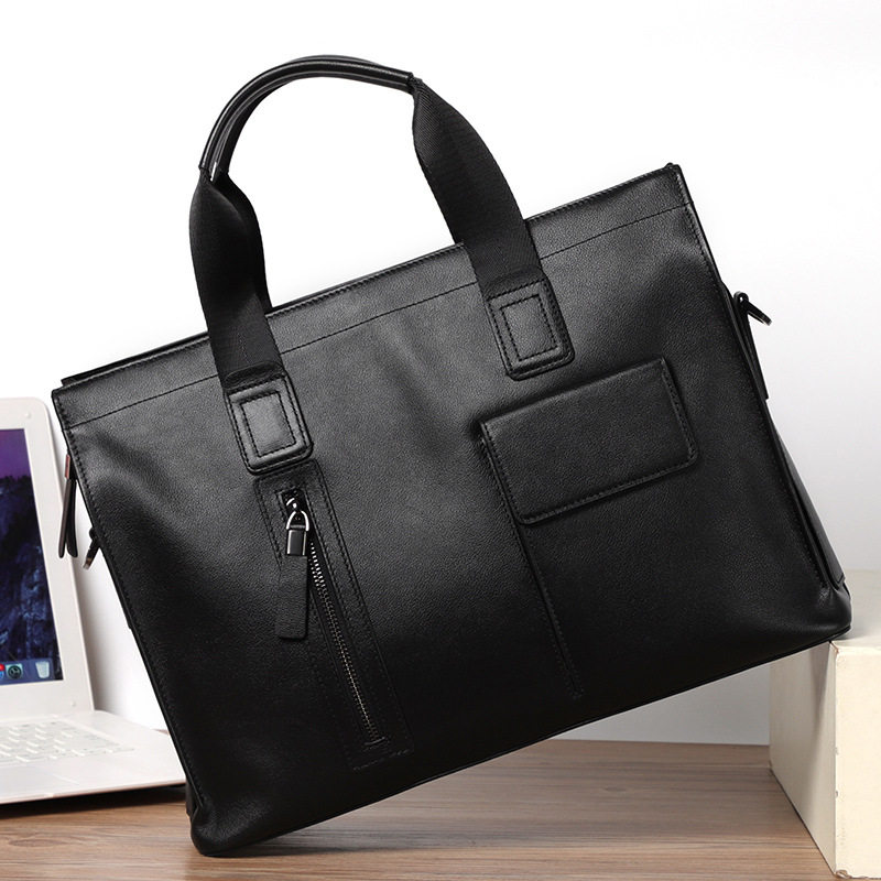 Túi xách tay nam da bò lớp đầu 40×13×29 cm đựng laptop 15.6 inch — Dây kéo dọc màu đen không có túi bên, Dây kéo dọc màu đen có túi bên
