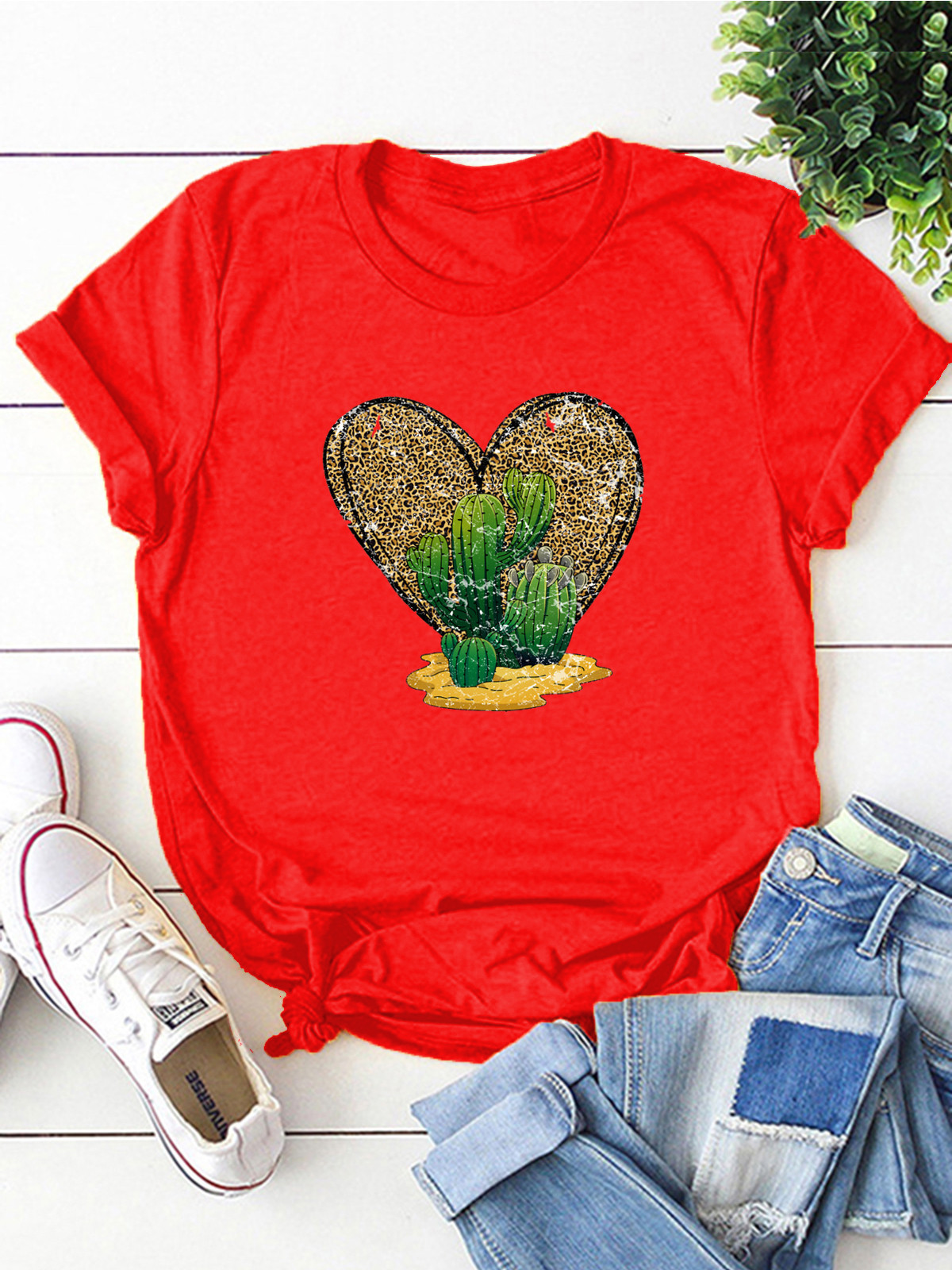 Women's T-shirt Short Sleeve T-shirts Printing Streetwear Cactus Heart Shape display picture 5