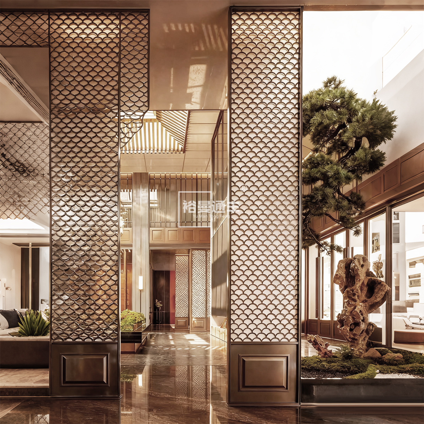 New Chinese Style Stainless Steel Screen Hotel Lobby Background Wall Metal Screen Living Room Restaurant Entrance Partition Wall