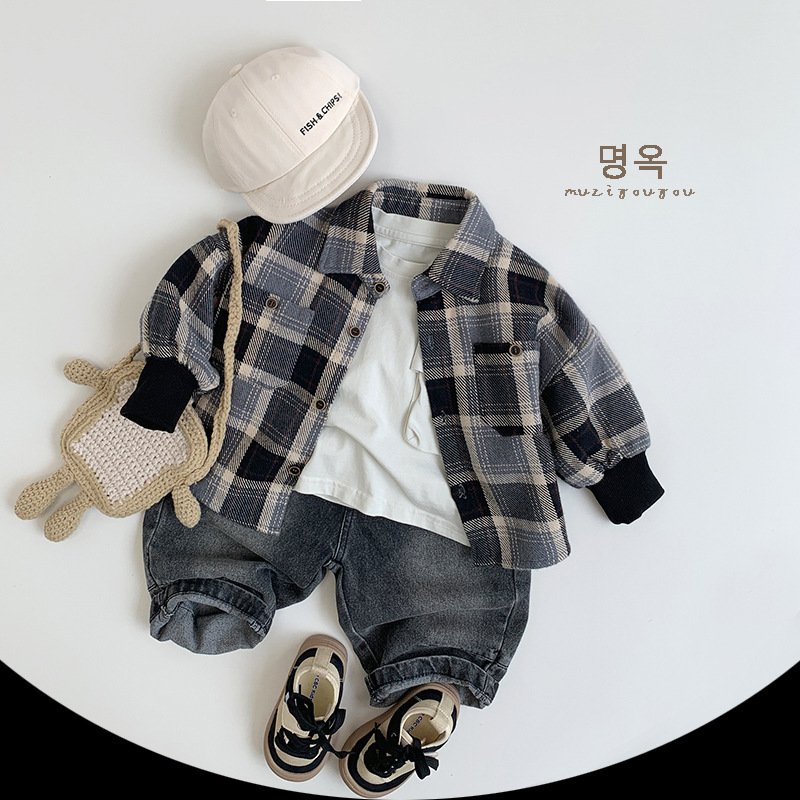 Camisas a cuadros para niños otoño nuevo estilo de chaqueta coreana para niños y niñas, ropa de moda para niños pequeños y medianos, chaqueta de moda cool para bebés