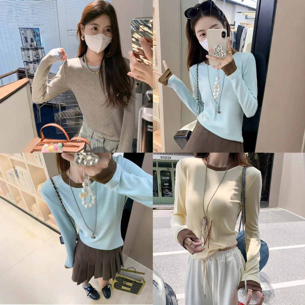 이른 가을 코튼 긴소매 베이스 셔츠 티셔츠 여성용 스위트 콘트라스트 바느질 긴팔 셔츠 가슴 패드 탑