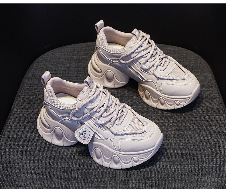 Giày sneaker nữ đế dày tăng chiều cao 7cm phong cách sao, dây buộc thời trang — M2555 Màu đen, M2555 màu be, M2555 màu hồng chi tiết 17