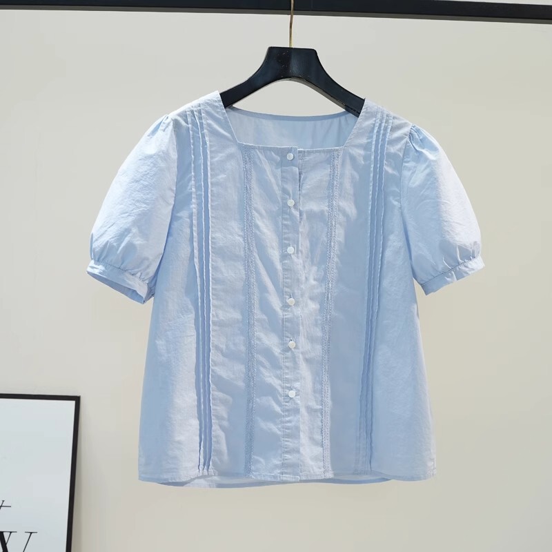 High-End Lace Patchwork Puff Sleeve Shirt Top for Women, New Plus-Size Loose Shirt for Age-Reducing Effect, Summer 2024