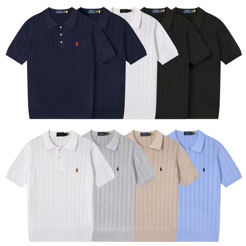 Cross-Border Solid Color Spring and Summer New Style Rl Polo Logo Men's Short-Sleeve Turn-Down Collar Knit Sweater Men's Pure Cotton Polo