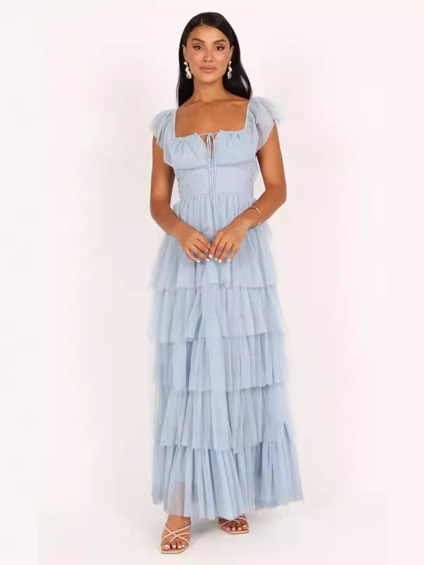Nuevo traje europeo y americano transfronterizo de mujer TUL azul volantes fiesta vestido largo sexy