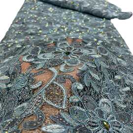 外贸重工烫彩钻大钻激光刺绣骨绳连衣裙晚礼服布面料Diamond Lace