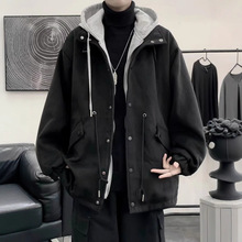 假两件加绒冬季韩版潮流百搭宽松潮牌高街呢料外套男士连帽毛呢大