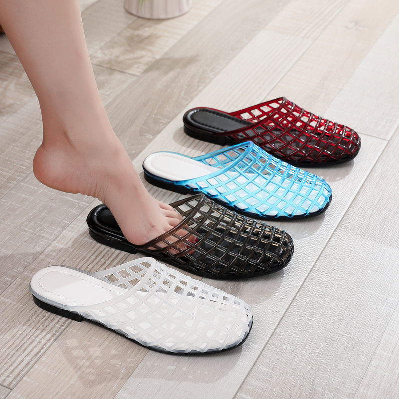 Women's Jelly Shoes Crystal Mesh Shoes Flat Sandals Closed Toe Round Toe Slip-On Summer Slippers Mule Shoes Breathable New