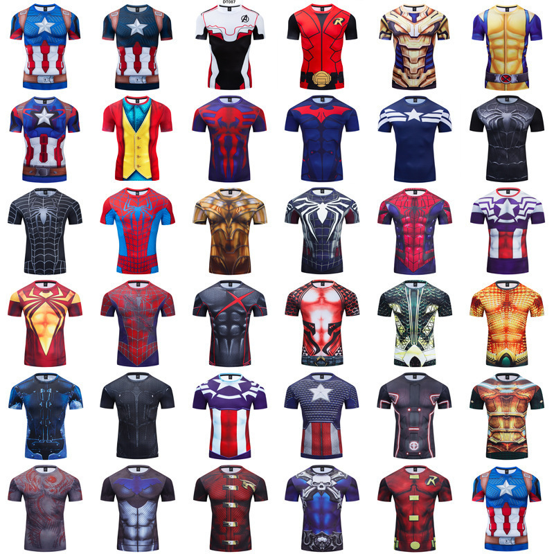 2025 New 3D Digital Printing Spider-Man Sea King Short-sleeved T-shirt Captain America Full Series Sports Tight Men