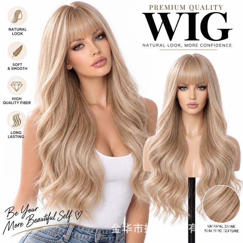 Cross-border exclusive supply of European and American style long curly wigs with bangs, golden color, large waves, high-temperature synthetic fiber wig for women Cross-border exclusive supply of European and American style long curly wigs with bangs, golden color, large waves, high-temperature synthetic fiber wig for women