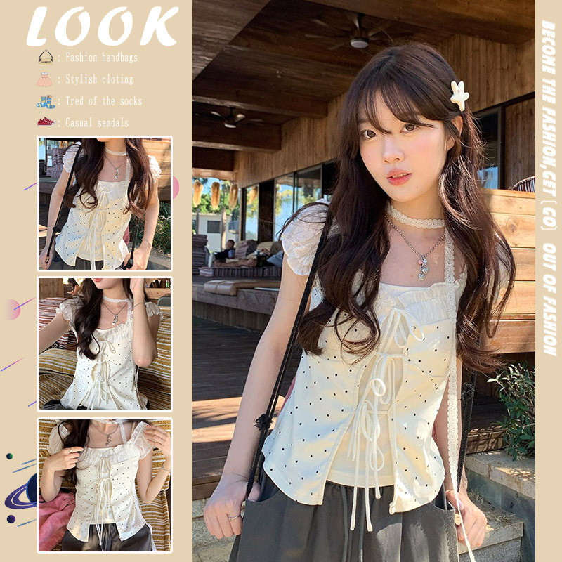 Summer Korean-Style Outfit: Faux Two-Piece Polka Dot Short-Sleeve Shirt for Women, Tie-Up Blouse, Slim-Fit, Flattering, Sweet Top