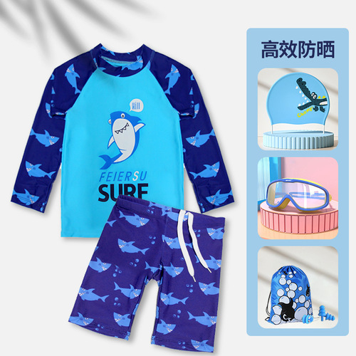 Children's swimsuit for boys, small, medium, and large children, long-sleeved sun-protective split swimwear set with swim trunks as a complete outfit