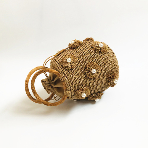 Z New Women's Bag A Flower Artificial Pearl Decoration R Portable Basket Bag Woven Bag Straw Bag Source Manufacturer