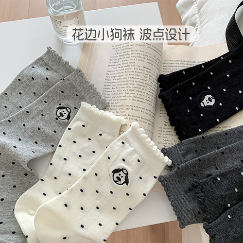 Mid-tube socks for women with anti-odor and sweat-absorbing cotton socks trendy polka dot embroidery cartoon pile socks for women