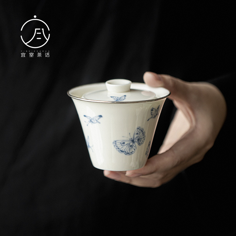 Quarter Kiln Retro Blue And White Hand-painted Butterfly Tureen Hand-wrapped Silver Mouth White Porcelain Tureen Kung Fu Tea Set Tea Bowl