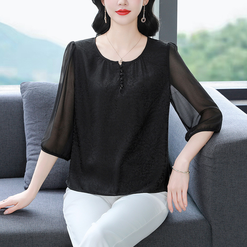 Wholesale 2026 Summer New Style Silk Shirts, Loose-Fitting Belly-Covering Tops for Middle-Aged and Elderly Mothers, Mother's Day