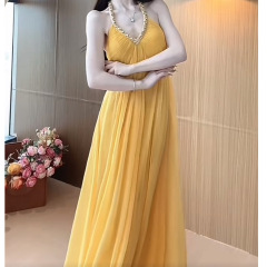 夏季新款时尚气质法式绑带挂脖减龄连衣裙【有胸垫】其它纯色丝光