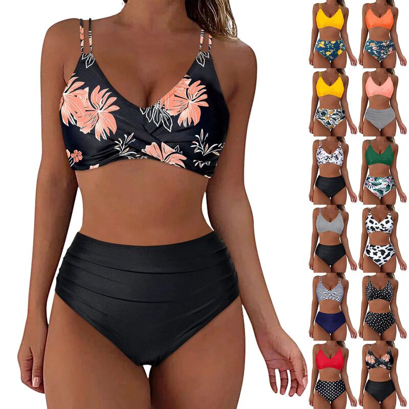 2024 new split swimsuit European and American bikini suit women's bikini high waist solid color printed push up cross-border