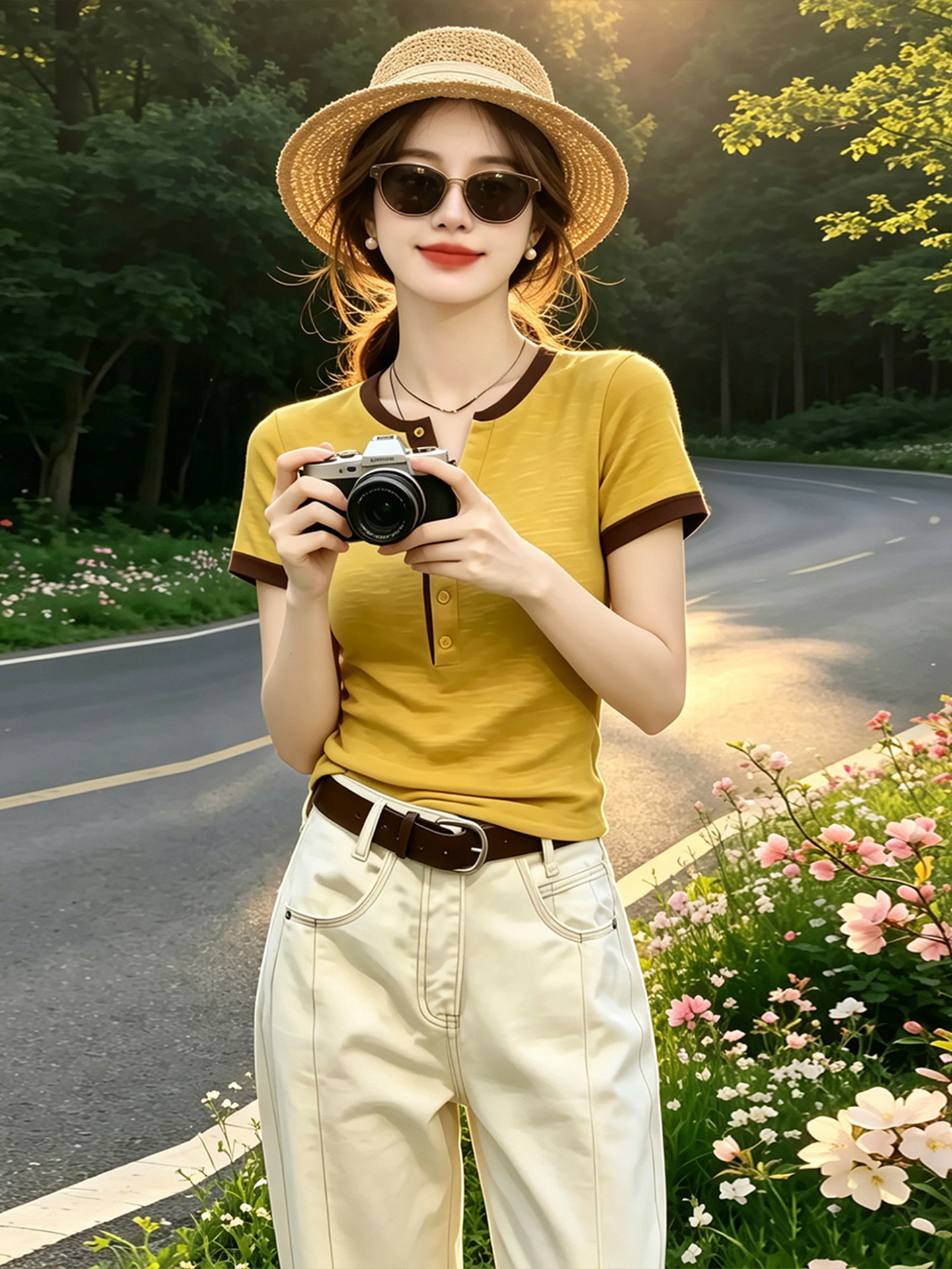 Áo thun nữ cổ tròn tay ngắn phối màu cổ bẻ, dáng ôm nhẹ, size lớn — Màu ảnh
