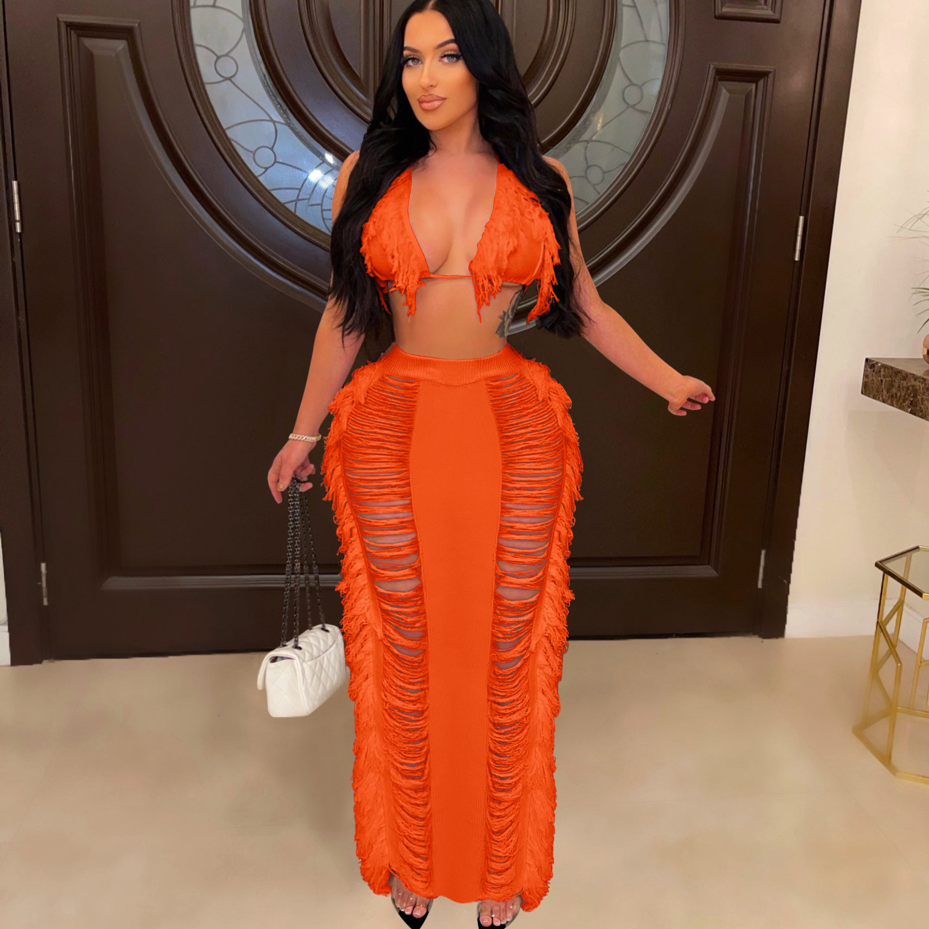Women's Clothing Women's Sexy Tassel Knitted Beach Dress Set Hot Sale_voghion.com